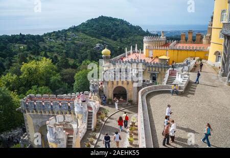 View of the ornate Pena Palace, in the mountains above Sintra, in the Lisbon Region, Portugal Stock Photo