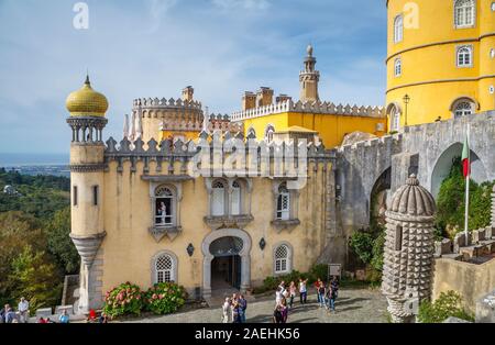 View of the ornate Pena Palace, in the mountains above Sintra, in the Lisbon Region, Portugal Stock Photo