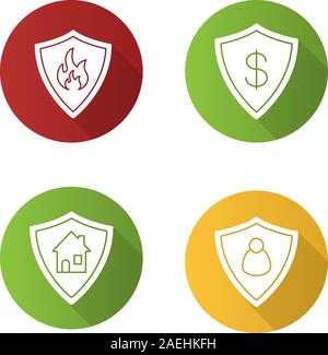 Protection shields flat design long shadow icons set. Bank account, real estate, personal security. Flammable sign. Vector silhouette illustration Stock Vector