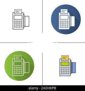 Pos terminal icon. Flat design, linear and color styles. Store payment terminal with check and credit card. Isolated vector illustrations Stock Vector