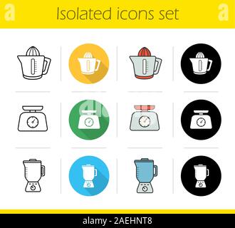 Kitchen electronics icons set. Flat design, linear, black and color styles. Kitchen food scales, juicer, blender. Isolated vector illustrations Stock Vector