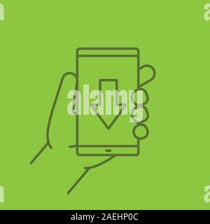 Hand holding smartphone color linear icon. Smart phone with download arrow. Thin line contour symbols on color background. Vector illustration Stock Vector