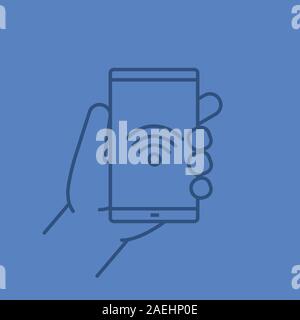 Hand holding smartphone color linear icon. Smart phone wifi connection. Thin line contour symbols on color background. Vector illustration Stock Vector