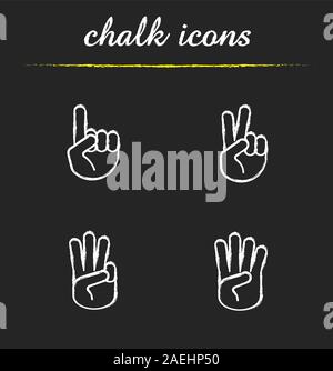 Hand gestures chalk icons set. One, two, three and four fingers up. Isolated vector chalkboard illustrations Stock Vector