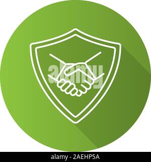 Safe bargain flat linear long shadow icon. Protection shield with handshake. Vector line symbol Stock Vector