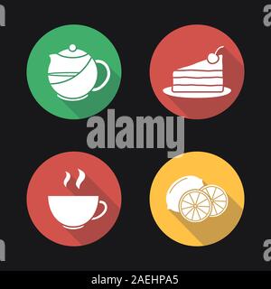 Tea flat design long shadow icons set. Piece of cake on plate, steaming cup, cutted lemon, brewing teapot infuser. Vector silhouette illustration Stock Vector