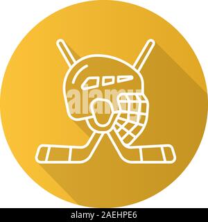 Hockey game equipment. Flat linear long shadow icon. Hockey sticks and helmet. Vector line symbol Stock Vector