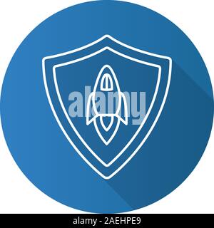 Startup projects protection. Flat linear long shadow icon. Security shield with spaceship. Vector line symbol Stock Vector