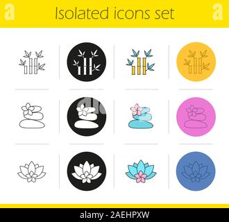 Spa salon icons set. Linear, black and color styles. Stones for massage, spa flowers and bamboo with leaves. Isolated vector illustrations Stock Vector