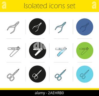 Manicure equipment icons set. Linear, black and color styles. Cuticle nipper, scissors, tweezers. Isolated vector illustrations Stock Vector