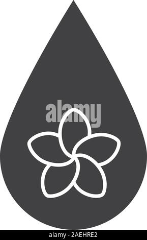 Aromatherapy oil drop glyph icon. Silhouette symbol. Spa salon oil drop with plumeria flower inside. Negative space. Vector isolated illustration Stock Vector