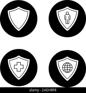 Protection shields icons set. Medical insurance, bodyguard, network security. Vector white silhouettes illustrations in black circles Stock Vector