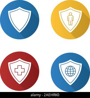 Protection shields flat design long shadow icons set. Medical insurance, bodyguard, network security. Vector silhouette illustration Stock Vector