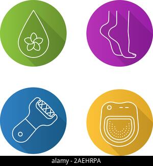 Spa salon flat linear long shadow icons set. Aromatherapy oil drop, woman's feet, spa salon bath, foot file. Vector line illustration Stock Vector