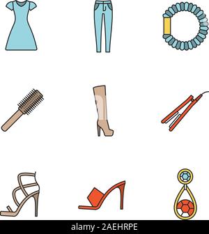 Women's accessories color icons set. Sun frock, skinny jeans, hair scrunchy, straightener and brush, high heel boot and shoes, earring. Isolated vecto Stock Vector