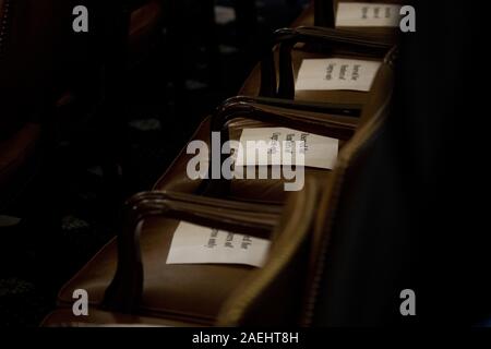 Washington, USA. 9th Dec 2019. Committee counsel Ashley Hury Callen, right,  and staff confer with Rep. Doug Collins (R-GA) before the House Judiciary  Committee during an? impeachment inquiry into President Trump in