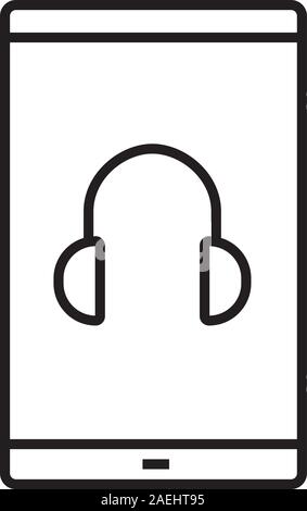 Smartphone music player linear icon. Thin line illustration. Smart phone with headphones plugged in contour symbol. Vector isolated outline drawing Stock Vector