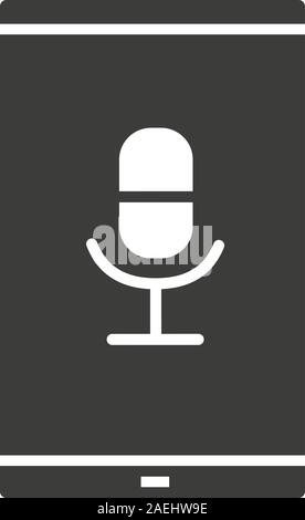 Smartphone voice recorder glyph icon. Silhouette symbol. Smart phone with microphone. Negative space. Vector isolated illustration Stock Vector