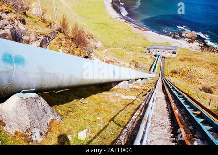 Loch Leathan hydro power station on the Trotternish peninsular, Isle of Skye Scotland, UK. It has a 2.4 Megawatt capacity with a head of 136m or 446 f Stock Photo
