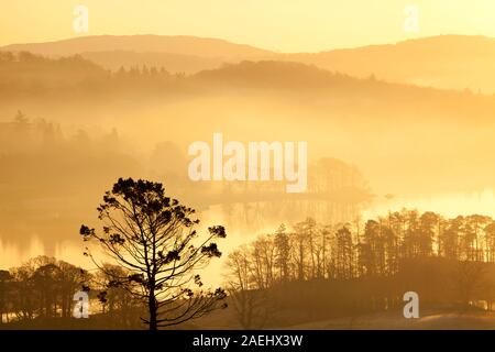 Sunrise over Lake Windermere from Todd Crag above Ambleside, Lake District, UK. Stock Photo