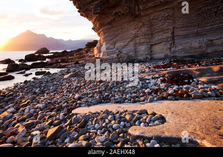 The Cuillin Ridge on the Isle of Skye, Scotland, UK, from Elgol, at sunset. Stock Photo