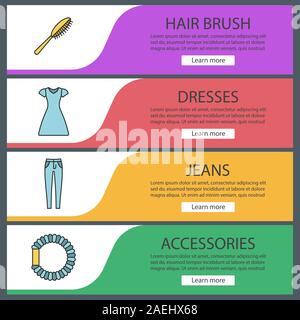 Women's accessories web banner templates set. Hair brush and scrunchy, sun frock, skinny jeans. Website color menu items. Vector headers design concep Stock Vector