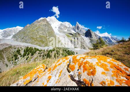 Looking towards Mont Blanc and the Glacier du Miage from above Val Veny, Italy. Stock Photo