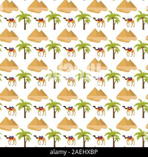 Egypt seamless pattern. Tourism travel endless background, pyramid palm camel repeating texture.Vacation backdrop. Vector illustration Stock Vector