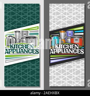 Vector layouts for Kitchen Appliances, leaflets with illustration of set various electrical goods, original lettering for words kitchen appliances and Stock Vector