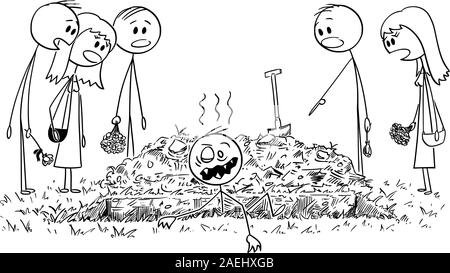 Vector cartoon stick figure drawing conceptual illustration of buried alive man coming out of the grave as undead zombie while people, friends or family members are watching him shocked. Stock Vector
