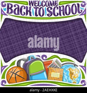 Vector poster for School with copy space, original brush lettering for words welcome back to school, decorative cut paper frame with purple checkered Stock Vector