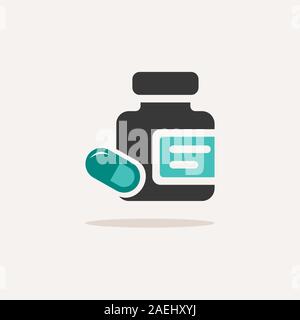 Medicine pills and capsules bottle. Icon with shadow on a beige background. Pharmacy flat vector illustration Stock Vector