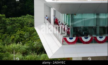 Close up of beautiful architecture of Agua Clara control tower (torre de control). New locks of Panama Canal. Stock Photo