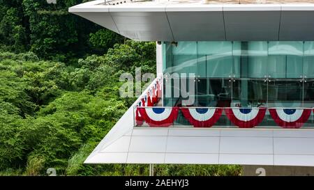 Close up of beautiful Agua Clara control tower (torre de control). New locks of Panama. Stock Photo