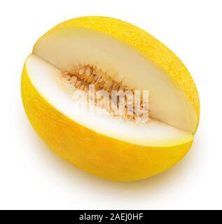 Isolated melon. Yellow melon fruit with cut out slice isolated on white background with clipping path, high angle view Stock Photo