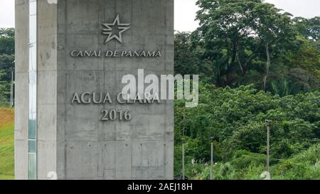 Closeup of Agua Clara control tower (torre de control). New locks of Panama with forest as a backgr Stock Photo