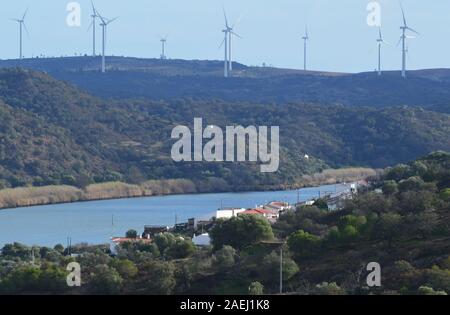 Wind turbines in the lower Guadiana valley, straddling the border between Portugal and Spain Stock Photo