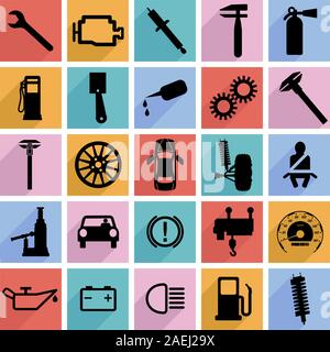 Collection flat icons with long shadow. Car symbols. Vector illustration. Stock Vector
