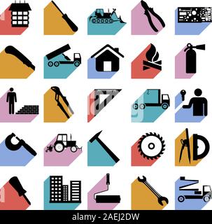 Collection flat icons with long shadow. Construction symbols. Vector illustration. Stock Vector