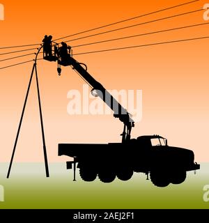 Electrician, making repairs at a power pole. Vector illustration. Stock Vector