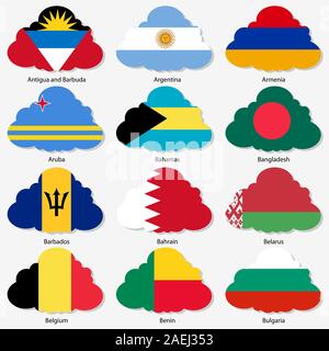 Set  Flags of world sovereign states in  form  clouds. Vector illustration. Set number 2. Exact colors. Easy changes. Stock Vector