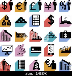 Collection flat icons with long shadow.  Finance symbols. Vector illustration. Stock Vector