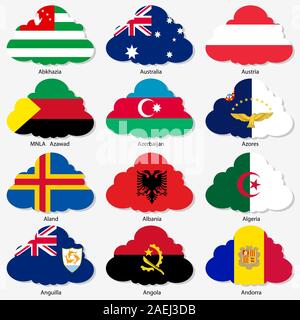 Set  Flags of world sovereign states in  form  clouds. Vector illustration. Set number 1. Exact colors. Easy changes. Stock Vector