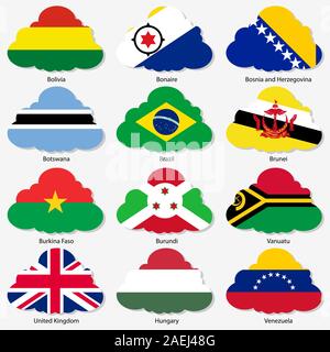 Set  Flags of world sovereign states in  form  clouds. Vector illustration. Set number 3. Exact colors. Easy changes. Stock Vector