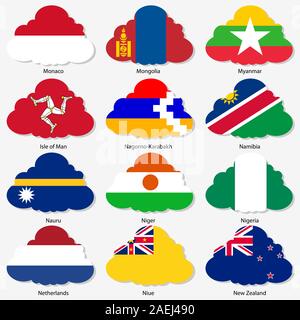 Set  Flags of world sovereign states in  form  clouds. Vector illustration. Set number 11. Exact colors. Easy changes. Stock Vector
