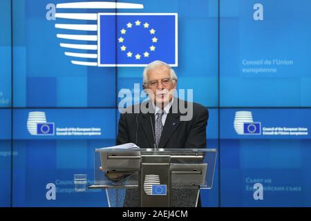 Brussels, Belgium. 9th Dec, 2019. The new EU High Representative for Foreign Affairs and Security Policy Josep Borrell Fontelles speaks during a press conference after the EU Foreign Affairs Council meeting at the EU headquarters in Brussels, Belgium, on Dec. 9, 2019. The EU Foreign Affairs Council meeting was closed here on Monday. Credit: Zheng Huansong/Xinhua/Alamy Live News Stock Photo