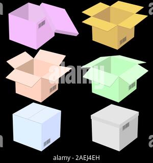 Six boxes, isolated on black background. Vector illustration. Stock Vector