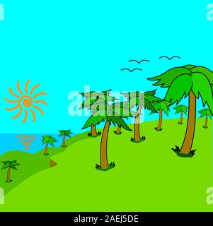 Tropical palms on the tropical island at sunset. Vector illustration. Stock Vector