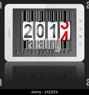 White tablet PC computer with 2014 New Year counter, barcode isolated on black background. Vector  illustration. Stock Vector
