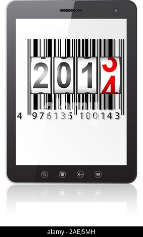 Tablet PC computer with 2014 New Year counter, barcode isolated on white background. Vector  illustration. Stock Vector